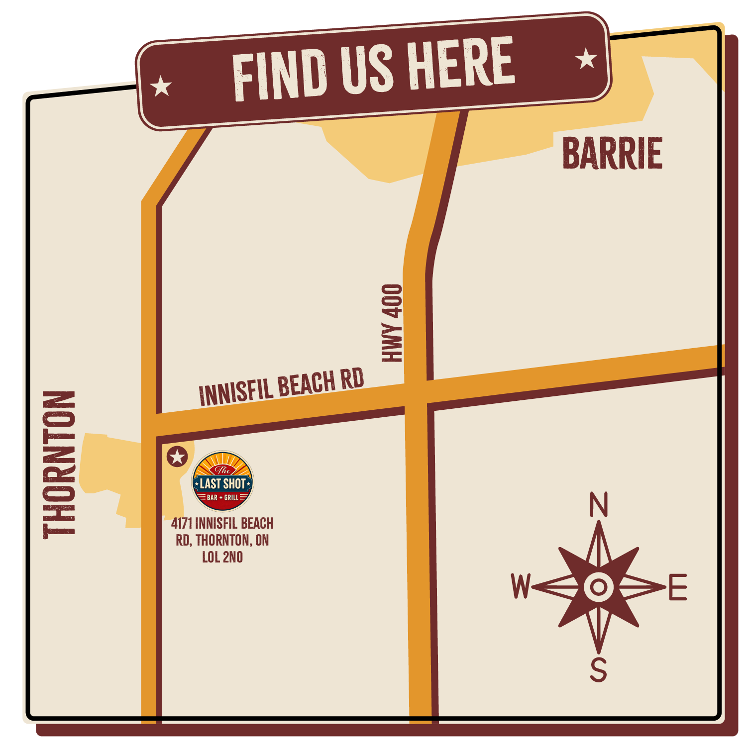 Map showing The Last Shot on Innisfil Beach Road in Thornton, south of Barrie near Highway 400.